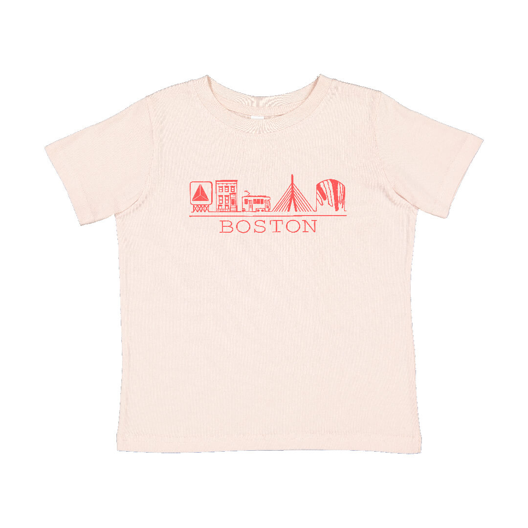 Light pink toddler cotton t-shirt with orange-pink chest graphic containing hand drawn Boston Massachusetts familiar sights